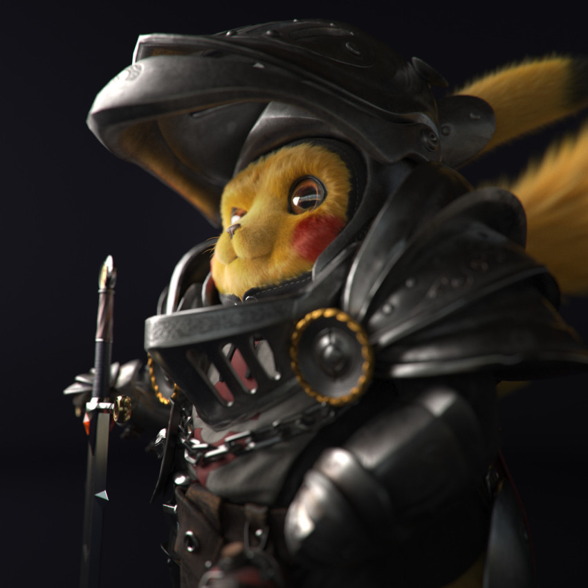 3d armor belt blurry brown_eyes chain clothing_request coat_of_arms depth_of_field evgeniy_aleshechkin furry game_freak gen_1_pokemon grey_background helmet highres knight looking_away looking_to_the_side nintendo pikachu pokemon pokemon_(creature) potion realistic simple_background solo sword tagme tail weapon yellow_fur zbrush_(medium)