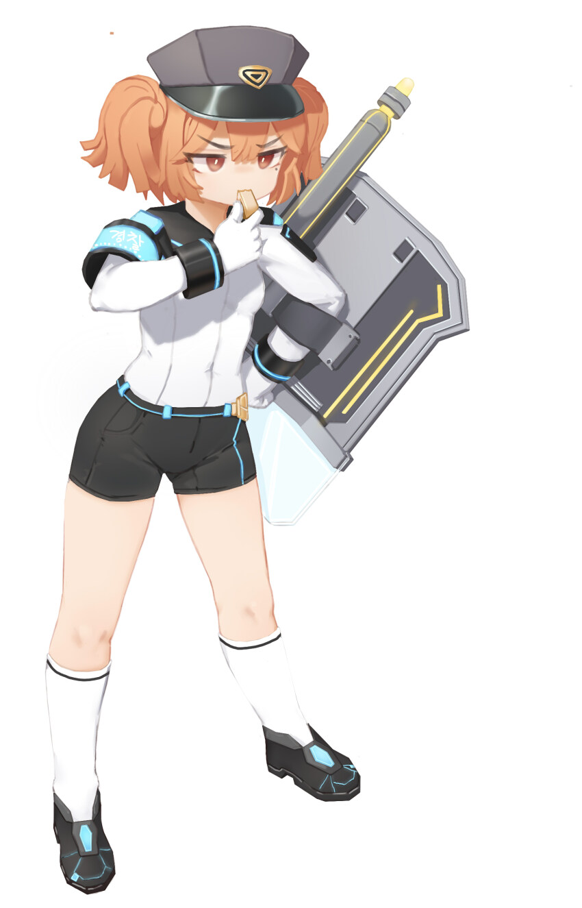 1girl absurdres aged_down ballistic_shield black_shoes black_shorts blowing_whistle cerberus_(last_origin) child commentary covered_navel flat_chest full_body gloves greentree grey_hat hair_between_eyes hand_on_own_hip hand_up hat highres holding holding_whistle korean_text last_origin long_sleeves looking_ahead mole mole_under_eye orange_hair peaked_cap shield shirt shoes short_hair shorts simple_background socks solo standing translated whistle white_background white_gloves white_shirt white_socks
