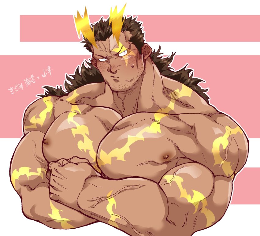 1boy bara beard_stubble border brown_hair commentary_request cropped_torso dark-skinned_male dark_skin facial_hair fiery_horns furrowed_brow highres horns kizami_nori_to_yamaimo large_pectorals long_hair long_sideburns looking_to_the_side male_focus muscular muscular_male nipples outline pectoral_squeeze pectorals pink_background scar sideburns signature simple_background solo stubble sweatdrop taishakuten_(housamo) tokyo_houkago_summoners veins veiny_arms veiny_hands white_border white_outline