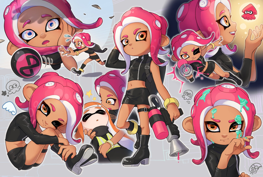 2girls 8-ball agent_3_(splatoon) agent_8_(splatoon) arm_up backpack bag bike_shorts black_footwear black_shirt black_skirt boots brown_eyes brown_hair closed_eyes commentary_request dark-skinned_female dark_skin full_body hand_on_own_cheek hand_on_own_face highres inkling inkling_(squid) inkling_girl inkling_player_character knees_up long_hair midriff miniskirt multiple_girls multiple_views navel nintendo octoling octoling_girl octoling_player_character open_mouth pointy_ears red_hair running shirt short_shorts shorts shorts_under_skirt sitting skirt splatoon_(series) splatoon_2 splatoon_2:_octo_expansion suction_cups tentacle_hair thigh_strap watakei_(16161717) weapon