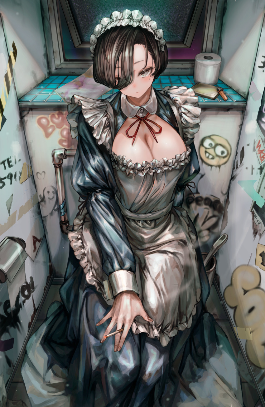 1girl absurdres apron black_dress black_hair bow breasts cigarette cleavage closed_mouth collar commentary_request dot_nose dress feet_out_of_frame frilled_apron frills graffiti grey_eyes hair_over_one_eye highres holding holding_cigarette large_breasts light_smile lighter long_bangs looking_at_viewer maid maid_apron maid_headdress open_clothes open_dress open_window original public_indecency puffy_sleeves short_hair sleeve_bow smoking soleil_(soleilmtfbwy03) solo thick_eyelashes toilet_brush toilet_paper toilet_stall white_collar window