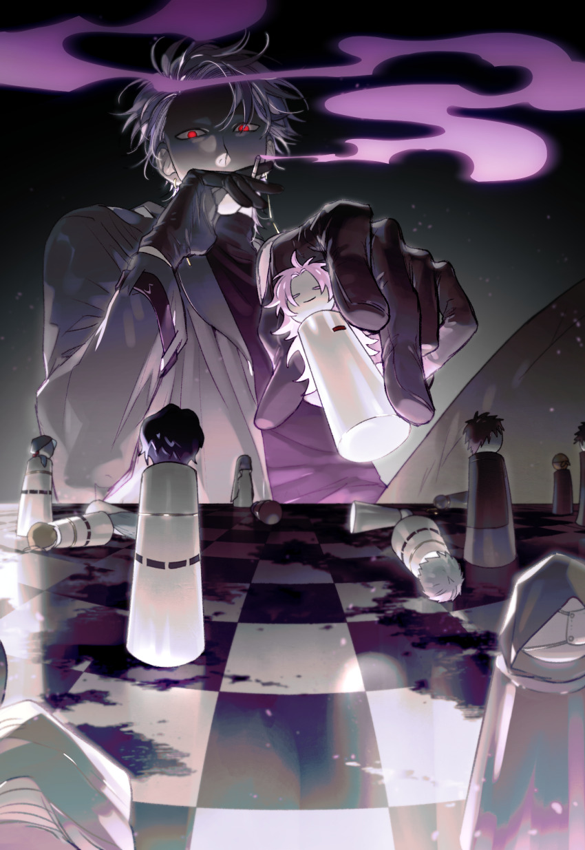 1boy annie_(saibou_shinkyoku) black_gloves chessboard cigarette commentary_request dreyfus_zweig enomoto_george enomoto_kazue enomoto_noa gloves harada_minoru hatsutori_hajime highres holding holding_cigarette isoi_rai jacket korean_commentary long_sleeves male_focus mutsushika_misumi objectification open_clothes open_jacket purple_hair purple_shirt red_eyes saibou_shinkyoku sengwaa shaded_face shirt short_hair smoke spoilers utsugi_noriyuki white_jacket