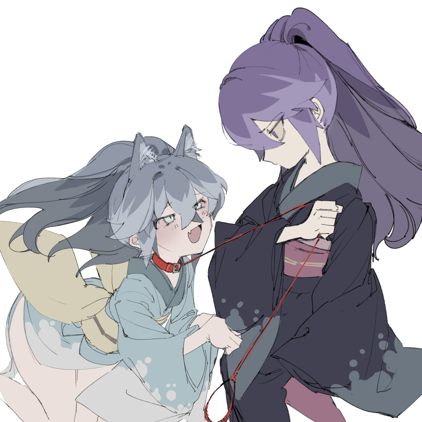 2girls animal_ear_fluff animal_ears black_kimono blue_eyes blue_hair blue_kimono collar commentary_request fang fubukihime high_ponytail highres holding holding_leash hyakkihime japanese_clothes kimono leash leash_pull long_hair looking_at_viewer multicolored_hair multiple_girls open_mouth paw_pose plosauq8q733113 ponytail purple_eyes purple_hair simple_background traditional_youkai two-tone_hair white_background youkai_(youkai_watch) youkai_watch yuki_onna