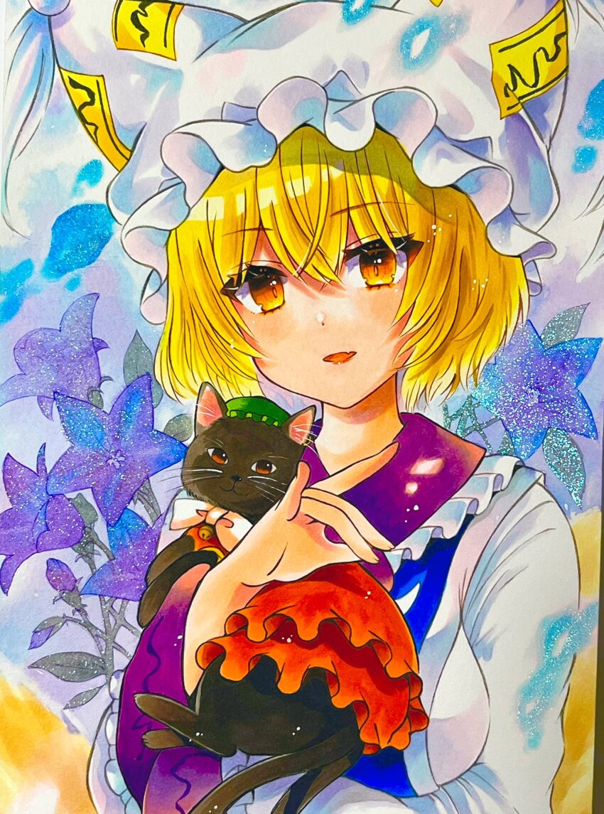 1girl animal black_cat blonde_hair blue_tabard cat chen chen_(cat) crossed_bangs dress eyes_visible_through_hair fang flower fox_shadow_puppet hair_between_eyes hand_up hat highres holding holding_animal light_blush long_sleeves looking_at_viewer mob_cap open_mouth photo_(medium) purple_flower short_hair skin_fang solo tabard touhou traditional_media upper_body white_dress yakumo_ran yellow_eyes yuzugoori