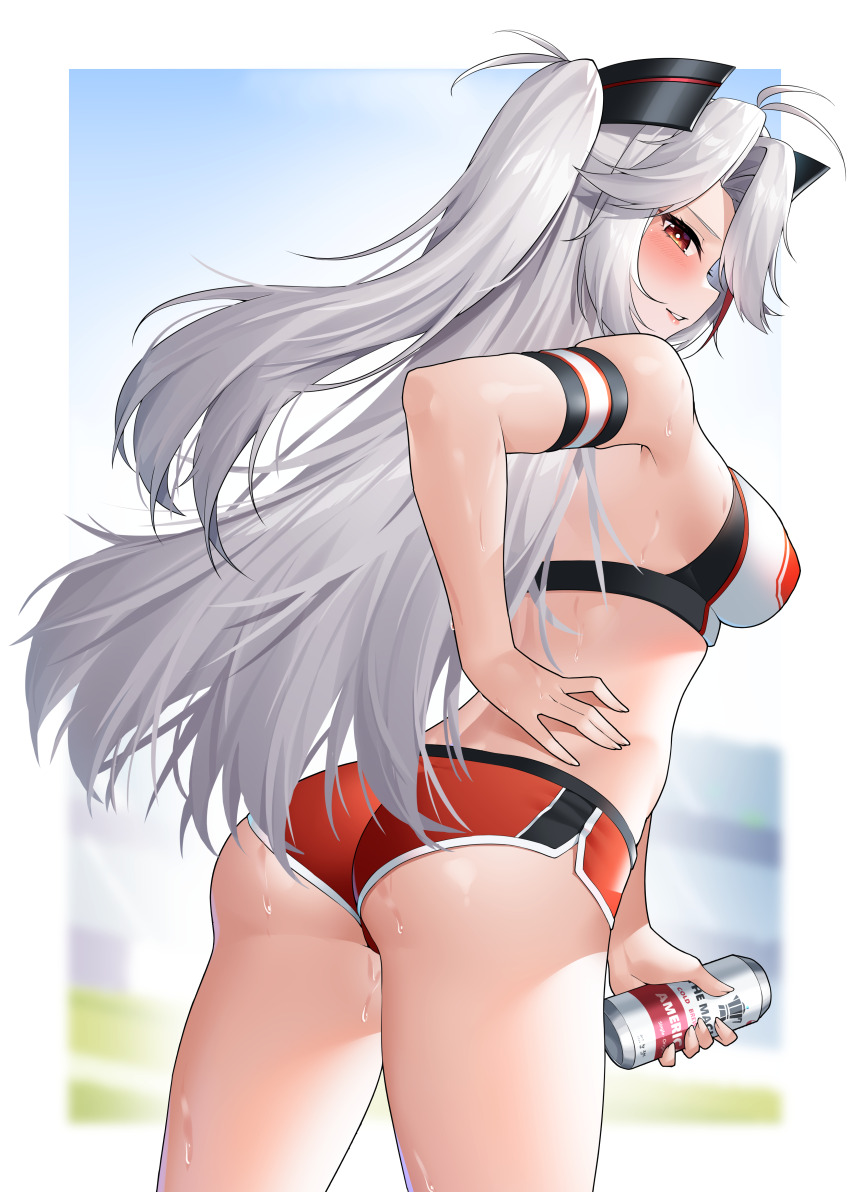 1girl absurdres antenna_hair arm_strap ass azur_lane can dolphin_shorts from_behind grey_hair hand_on_own_hip highres holding holding_can jfzm001 long_hair looking_at_viewer multicolored_hair official_alternate_costume prinz_eugen_(azur_lane) prinz_eugen_(brilliant_touchdown)_(azur_lane) red_hair red_shorts short_shorts shorts solo sports_bra streaked_hair sweat two_side_up wet white_sports_bra