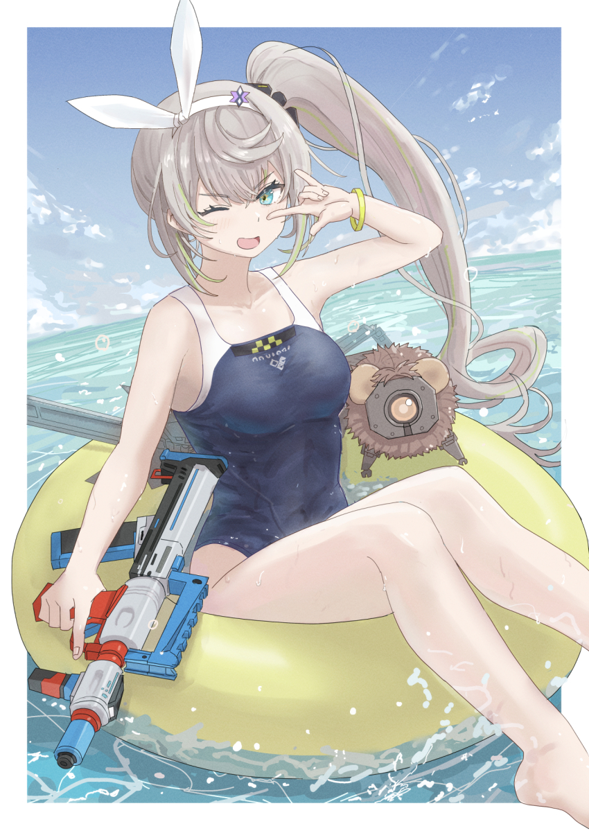 1girl \m/ animal_ear_hairband animal_ears aqua_eyes blue_one-piece_swimsuit border bracelet breasts day fake_animal_ears girls&#039;_frontline girls&#039;_frontline_2:_exilium green_streaks grey_hair hair_ornament hairband highres holding holding_water_gun horizon jewelry knees_up long_hair looking_at_viewer medium_breasts monodrive multicolored_hair ocean on_innertube one-piece_swimsuit one_eye_closed open_mouth outdoors outside_border rabbit_ear_hairband rabbit_ears sharkry_(girls&#039;_frontline_2) sharkry_(swimsuit_idol)_(girls&#039;_frontline_2) side_ponytail smile star-shaped_pupils star_(symbol) streaked_hair swimsuit symbol-shaped_pupils thighs water water_gun white_border white_hairband yellow_innertube
