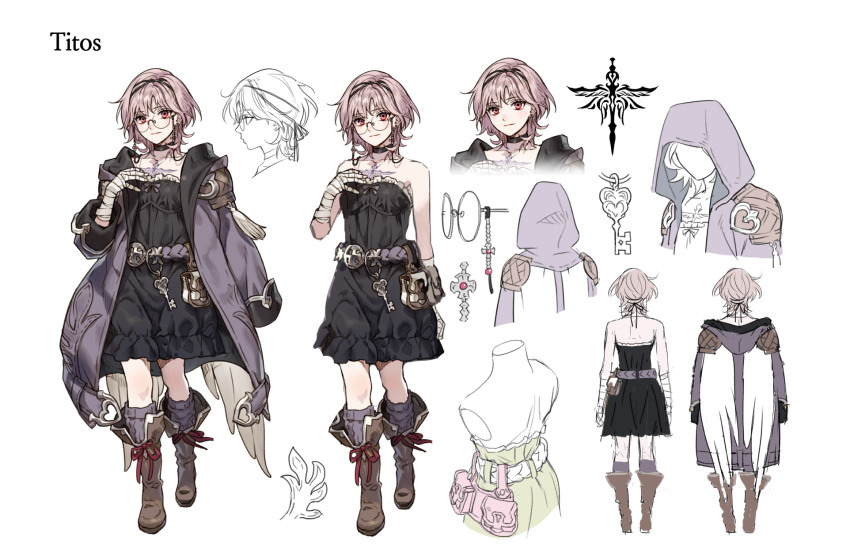 1girl back bandaged_arm bandaged_hand bandages bare_arms bare_shoulders belt belt_pouch black_choker black_coat black_dress boots brown_footwear reference_sheet chest_tattoo choker closed_mouth coat collarbone commentary cropped_shoulders cropped_torso cross cross_moline cross_patty dress earrings eyewear_strap facing_away frilled_dress frills from_behind from_side full_body glasses grey_belt grey_hair grey_socks grey_trim hairband heart highres hood hood_up jewelry key looking_at_viewer multicolored_coat multiple_views nishita open_clothes open_coat original partially_colored pouch profile purple_coat red_eyes round_eyewear shoelaces short_hair shoulder_pads simple_background socks standing stud_earrings symbol-only_commentary tassel tattoo unworn_eyewear upper_body white_background white_wings wings