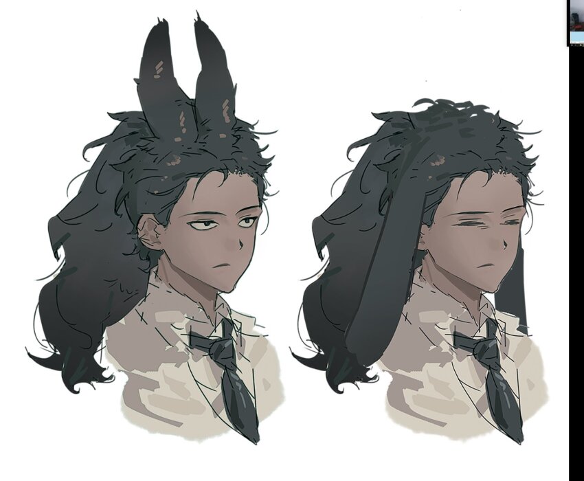 1boy animal_ears art_program_in_frame black_eyes black_hair closed_eyes collared_shirt curly_hair highres kemonomimi_mode library_of_ruina male_focus medium_hair multiple_views necktie olivier_(project_moon) project_moon rabbit_ears shirt solo unamused white_background white_shirt wuruko