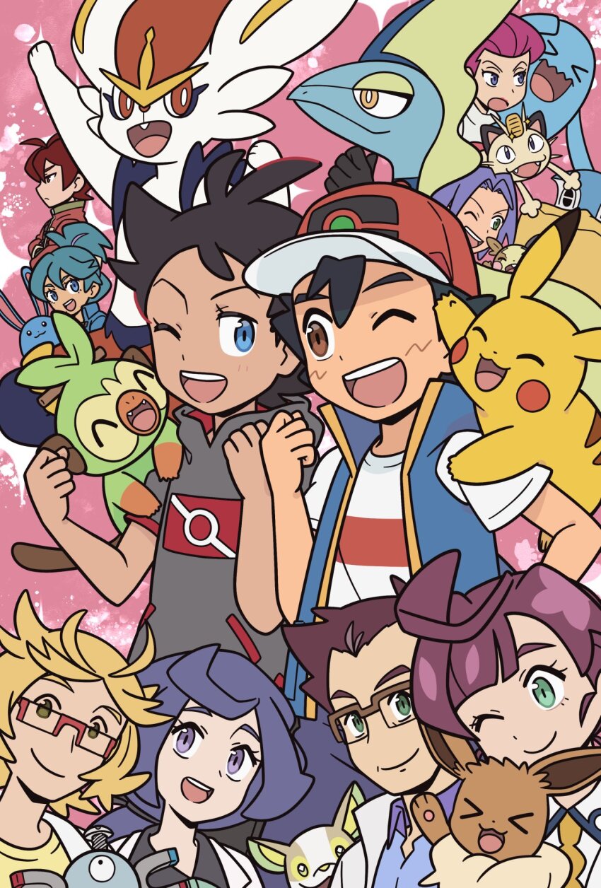 4girls 6+boys ;) ;d antenna_hair ash_ketchum azumarill blonde_hair blue_eyes blue_shirt blue_vest brown-framed_eyewear brown_eyes brown_hair cerise_(pokemon) chloe_(pokemon) chrysa_(pokemon) cinderace clenched_hand closed_mouth collared_shirt commentary_request danika_(pokemon) eevee eyelashes gen_1_pokemon gen_2_pokemon gen_8_pokemon glasses goh_(pokemon) green_eyes grey_shirt grookey hand_up hat highres inteleon james_(pokemon) jessie_(pokemon) magnemite meowth morpeko morpeko_(full) multiple_boys multiple_girls nintendo one_eye_closed open_clothes open_mouth open_vest pikachu pink_background pokemon pokemon_(anime) pokemon_(creature) pokemon_journeys quillon_(pokemon) red-framed_eyewear red_hat ren_(pokemon) semi-rimless_eyewear shirt short_hair short_sleeves shuan_0420 smile t-shirt teeth upper_teeth_only vest white_shirt wobbuffet yamper yellow_shirt