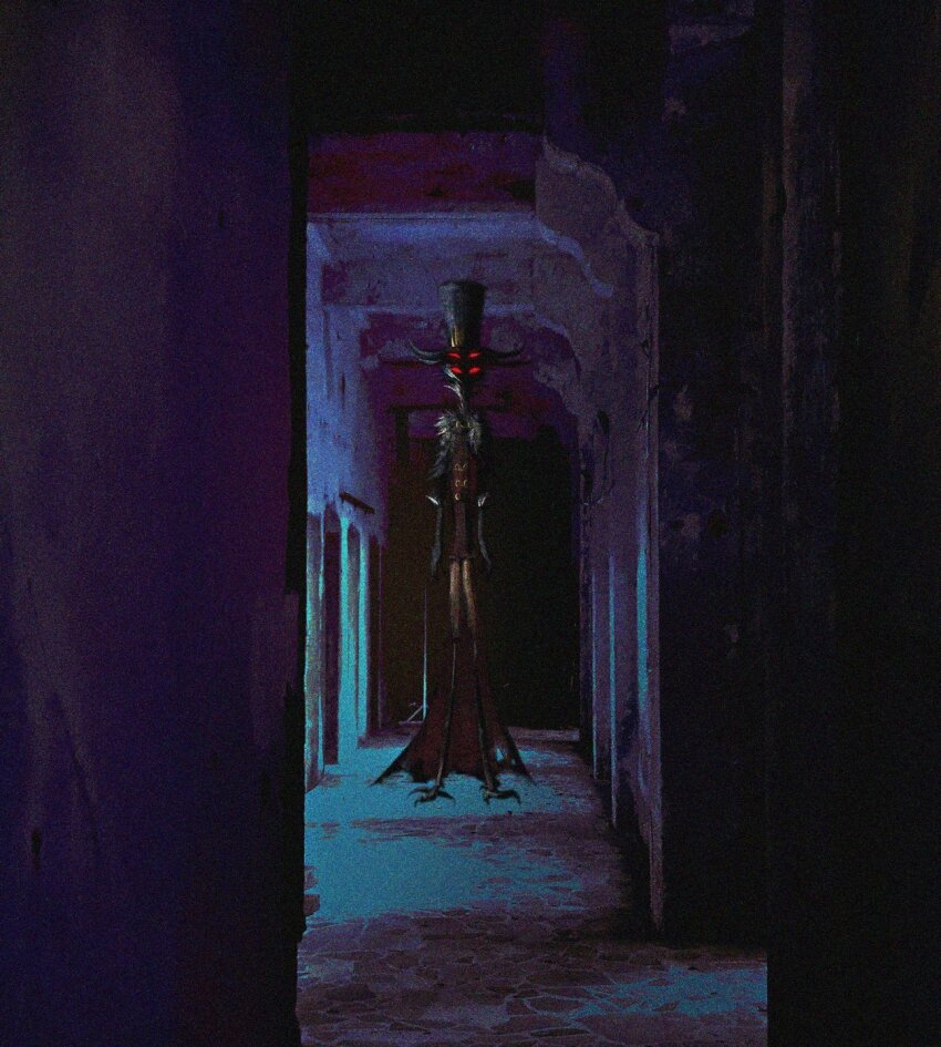 1boy bird_boy black_hat cape dark demon_boy extra_eyes glowing glowing_eyes hat helluva_boss highres horror_(theme) looking_at_viewer looloo23448 red_cape red_eyes solo standing stolas_(helluva_boss) top_hat