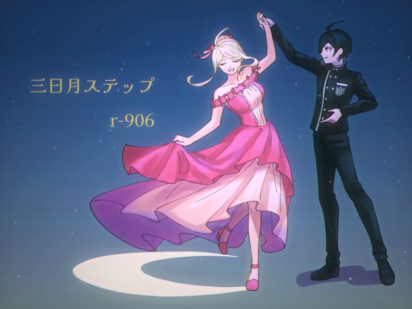 1boy 1girl ahoge akamatsu_kaede arm_up bare_shoulders black_hair black_jacket black_pants breast_pocket breasts closed_eyes collarbone dancing danganronpa_(series) danganronpa_10th_anniversary_costume danganronpa_v3:_killing_harmony dress facing_viewer foot_up hair_bun highres holding_hands jacket large_breasts layered_dress long_sleeves off_shoulder official_alternate_costume pants pink_dress pink_shoes pocket saihara_shuichi shoes short_hair smile teeth translation_request unowen white_dress yukimi_dango_(usagisan6591)