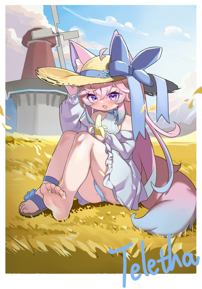 absurdres animal_ears bare_shoulders barefoot blue_sky bow cloud cloudy_sky day dress english_text flower food fox_ears fox_tail gift_art grass grasslands hair_between_eyes hair_bow hair_ribbon hand_on_headwear hat highres holding holding_food indie_virtual_youtuber knees_up long_bangs long_hair long_sleeves looking_at_viewer nature on_grass outdoors panties pink_hair ribbon sakurami_sumi sandals sitting sky soles straw_hat tail teletha_(vtuber) underwear very_long_hair windmill