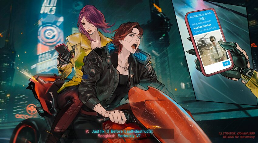 2girls captcha character_name city_lights cityscape crossover cyberpunk cyberpunk_(series) cyberpunk_2077 cyborg english_text gameplay_mechanics highres mechanical_arms motor_vehicle motorcycle multiple_girls night night_sky on_motorcycle qianlong_eva riding samurai_jacket_(cyberpunk) sky songbird_(cyberpunk) split_fiction subtitled v_(cyberpunk)