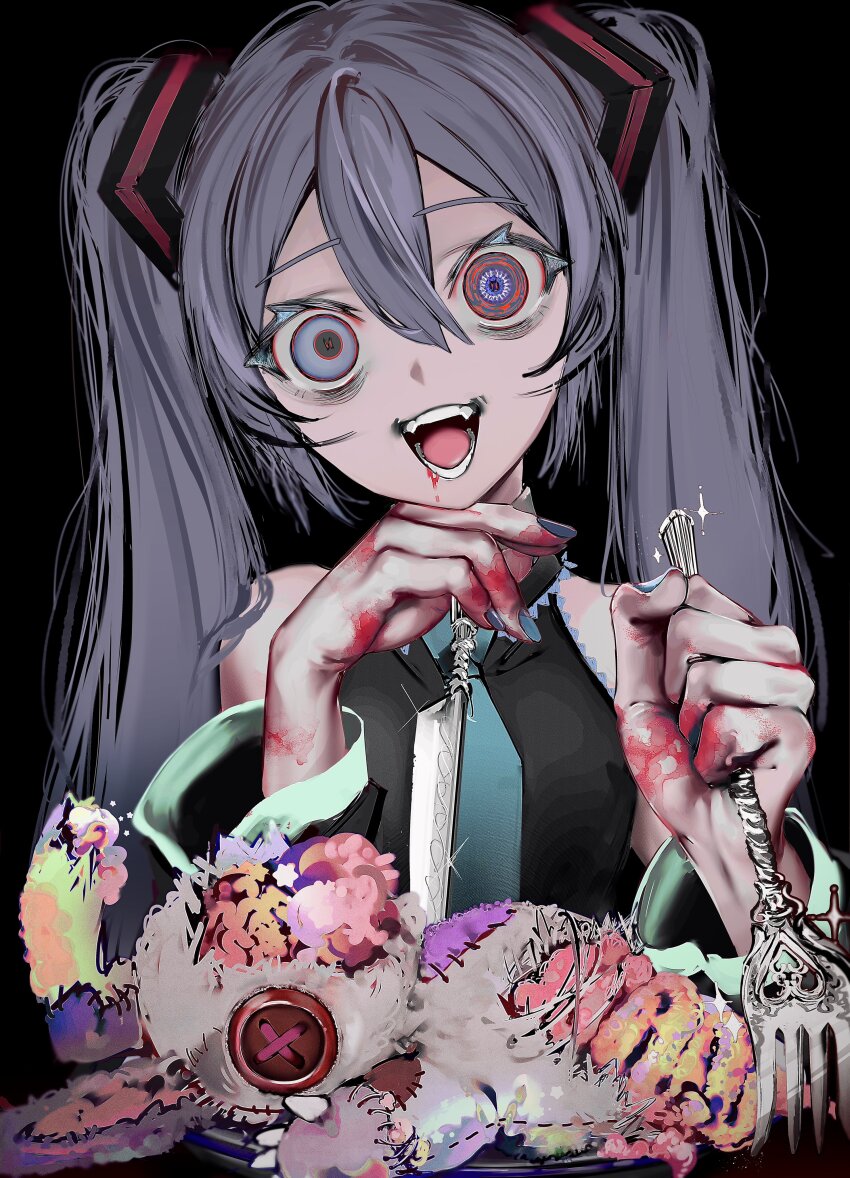 1girl absurdres bad_id bad_twitter_id bags_under_eyes black_background blood blood_on_face blood_on_hands blue_eyes blue_hair blue_nails button_eyes buttons collared_shirt dead_animal entrails fork hair_between_eyes hands_up hatsune_miku heterochromia highres holding holding_fork holding_knife horror_(theme) intestines knife long_hair looking_at_viewer nail_polish nept_o open_mouth organs patchworks plate shirt simple_background sleeveless sleeveless_shirt smile solo stitches stuffed_animal stuffed_toy teeth twintails upper_body very_long_hair vocaloid wide-eyed