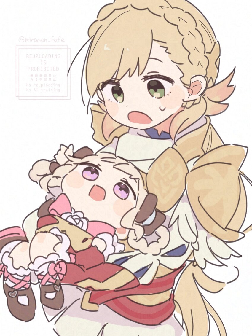 1girl 2girls absurdres aged_down alternate_costume armor blonde_hair braid braided_hair_rings braided_twintails crown_braid elise_(fire_emblem) elise_(sparkling_smile)_(fire_emblem) fensalir fire_emblem fire_emblem_fates fire_emblem_heroes flower green_eyes hair_rings highres long_hair looking_at_another multiple_girls nintendo open_mouth rose scale_armor sharena_(fire_emblem) sorane_amus white_flower white_rose