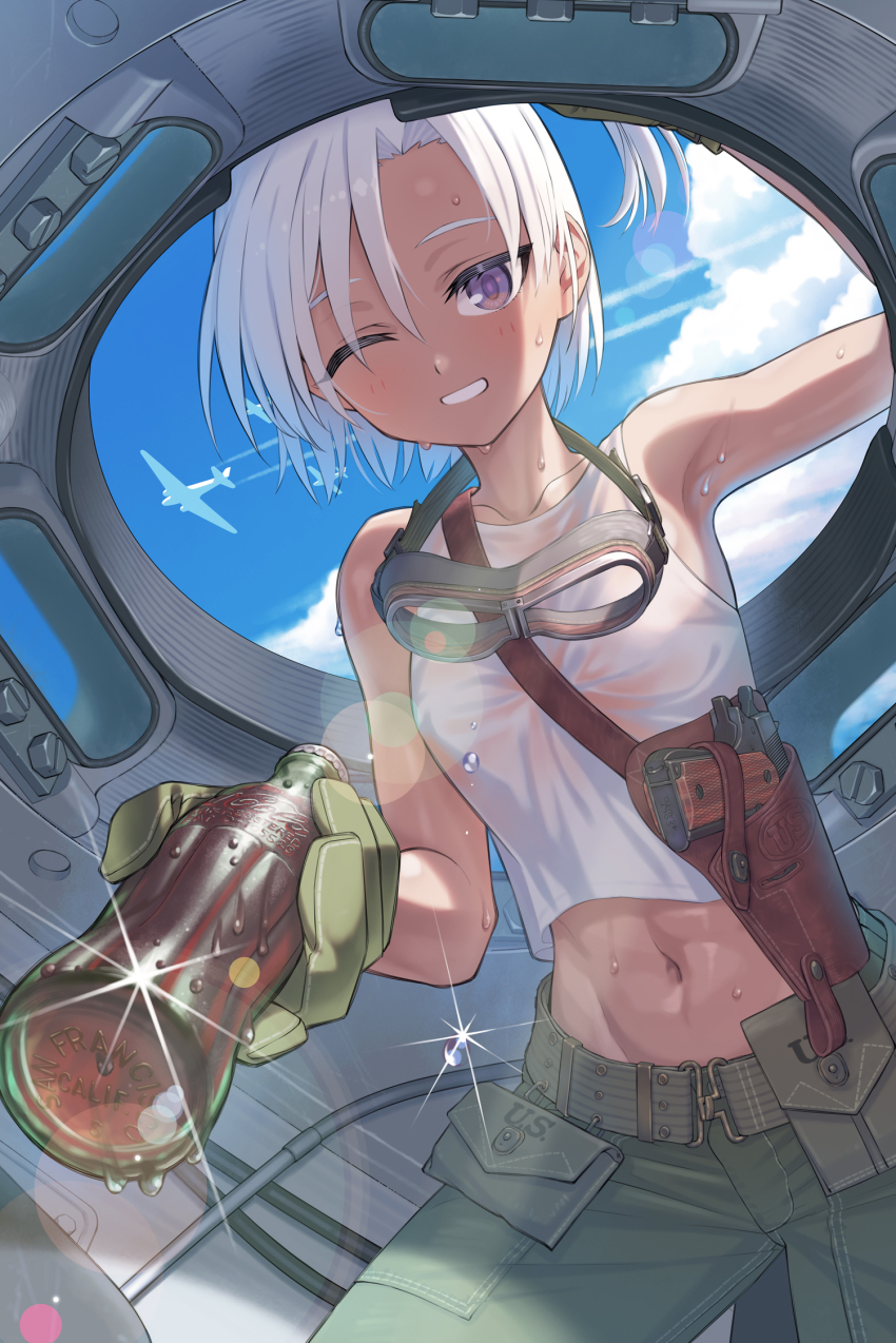 1girl abs aircraft airplane armpits blue_sky bottle breasts cloud coca-cola collarbone gloves goggles goggles_around_neck green_gloves green_pants gun handgun highres holster holstered interior looking_at_viewer m1911 medium_hair midriff navel one_eye_closed one_side_up original pants pouch purple_eyes samaru_(seiga) shirt shoulder_holster sky sleeveless small_breasts smile soda solo sparkle sweat tank_top weapon white_hair white_shirt