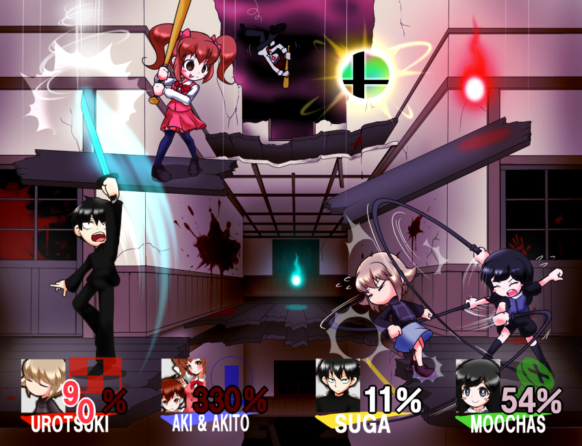 2boys 3girls aki_(misao) akito_(misao) black_eyes black_hair blonde_hair blood blush blush_stickers bow brown_hair closed_eyes collared_shirt constricted_pupils corpse_party crossover hair_bow hitodama katana kirisame_ga_furu_mori misao mochida_satoshi moochas moochasu multiple_boys multiple_girls necktie nintendo open_mouth pants parody pink_bow pink_skirt red_bow school school_uniform screw shan_grila shirt shoes short_hair sidelocks skirt slashing suga_koutarou super_smash_bros. sword symbol tauruketto_wo_mouitido thighhighs tongue tongue_out towelket_wo_mou_ichido urotsuki weapon whip yume_2kki yume_nikki