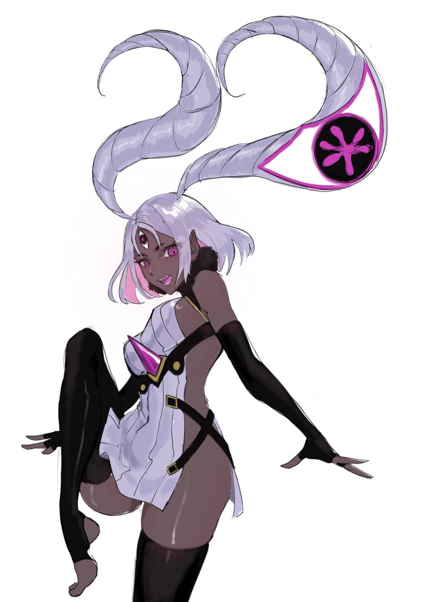 13addendum 1girl bare_shoulders black_gloves black_thighhighs breasts dark-skinned_female dark_skin detached_horns dress fate/grand_order fate_(series) fingerless_gloves gloves highres horns looking_at_viewer medium_breasts open_mouth parted_bangs pelvic_curtain pointy_ears purple_eyes short_dress short_hair sideboob sideless_dress solo stirrup_legwear thighhighs thighs third_eye toeless_legwear ushi_gozen_(avenger)_(fate) ushi_gozen_(avenger)_(third_ascension)_(fate) ushi_gozen_(fate) white_dress white_hair