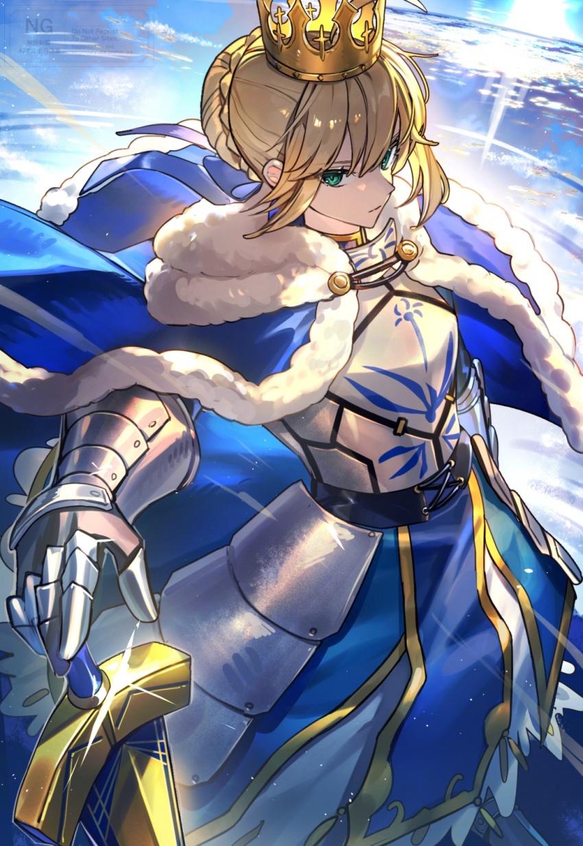 1girl armor armored_dress artoria_pendragon_(fate) belt black_belt blonde_hair blue_cape blue_dress blue_sky braid cape closed_mouth cloud cloudy_sky cowboy_shot crown day dress excalibur_(fate/stay_night) fate/stay_night fate_(series) floating_cape fur-trimmed_cape fur_trim gauntlets green_eyes grey_armor hair_between_eyes hair_bun hand_up highres holding holding_sword holding_weapon long_sleeves looking_at_viewer ocean outdoors pelvic_curtain reflection reflective_water saber_(fate) short_hair sidelocks sky solo sparkle standing sword tsugutoku two-tone_dress watermark weapon white_dress