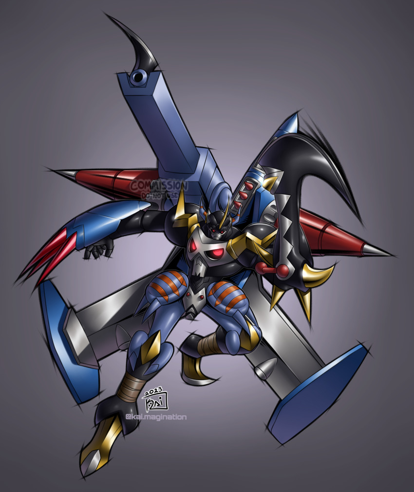 absurdres armor beta_digimon cannon dark_knight darkknightmon digimon fusion greyknightsmon highres lance metalgreymon_(digimon_xros_wars) polearm red_eyes spikes weapon wings