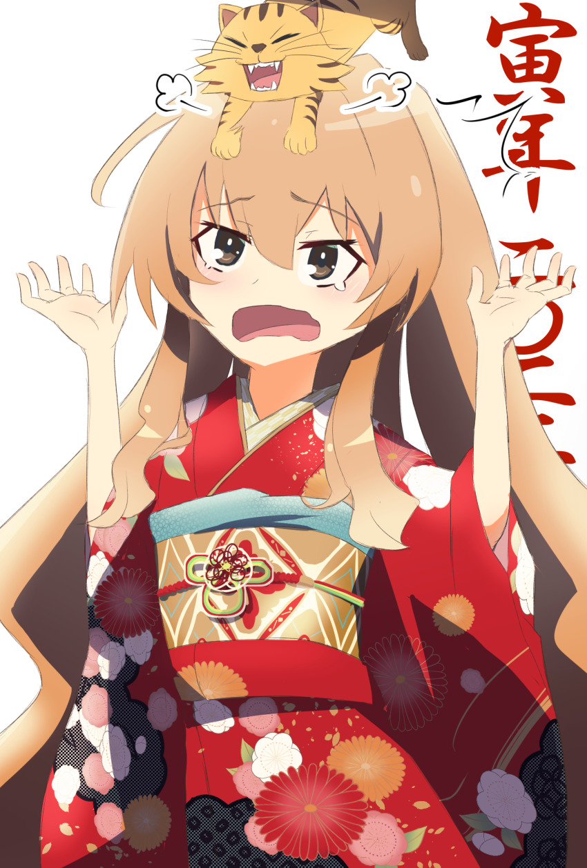 1girl aisaka_taiga brown_eyes brown_hair chinese_zodiac commentary_request floral_print hair_between_eyes hands_up highres japanese_clothes kimono long_hair long_sleeves new_year nuage obi open_mouth palmtop_tiger red_kimono sash teardrop tiger toradora! translation_request very_long_hair wavy_mouth white_background wide_sleeves year_of_the_tiger yukata