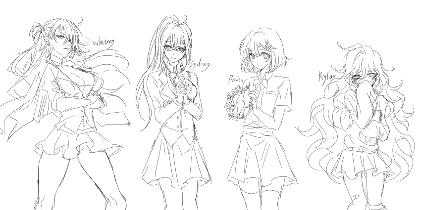 4girls absurdres blush bow bowtie breasts character_name chinese_commentary cigarette cleavage collared_shirt commentary_request degrees_of_lewdity glasses greyscale highres holding holding_notebook holding_wreath kylar_(degrees_of_lewdity) kylar_(female)_(degrees_of_lewdity) large_breasts long_hair looking_at_viewer monochrome multiple_girls nga_(ray_ray) notebook one_side_up own_hands_together parted_lips pleated_skirt ponytail robin_(degrees_of_lewdity) robin_(female)_(degrees_of_lewdity) school_uniform shirt short_hair skirt sleeves_past_fingers sleeves_past_wrists smile smoking sydney_(degrees_of_lewdity) sydney_(female)_(degrees_of_lewdity) thighhighs whitney_(degrees_of_lewdity) whitney_(female)_(degrees_of_lewdity)