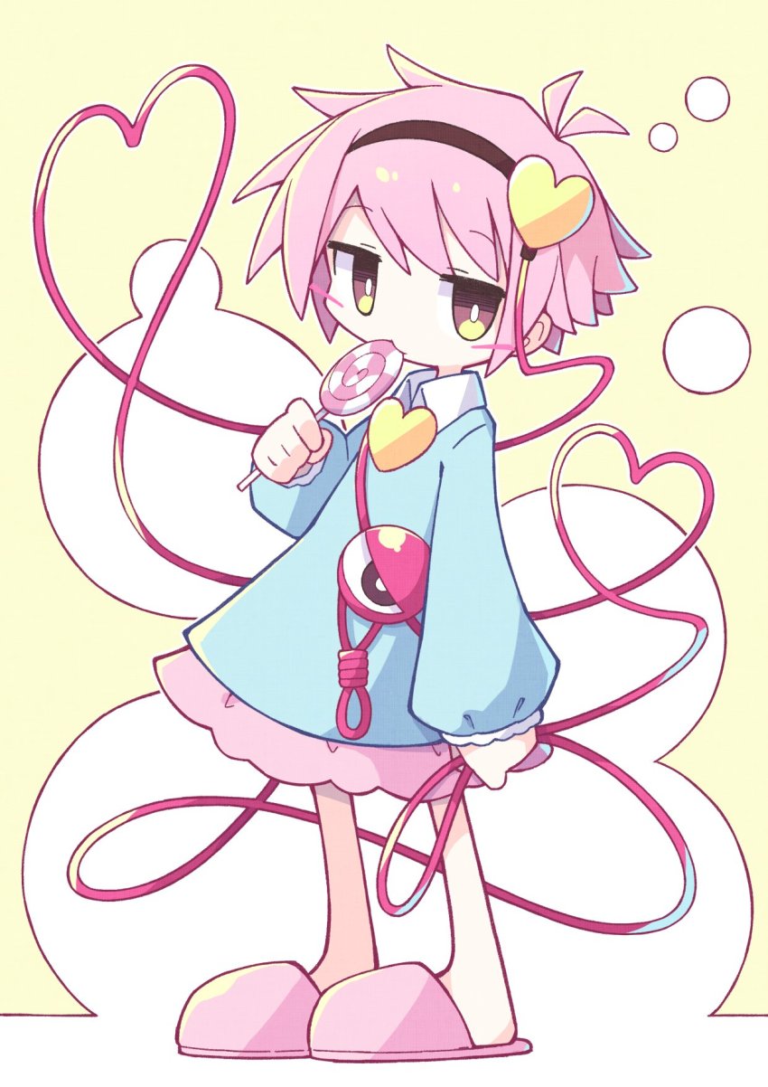 1girl asameshi black_hairband blue_shirt blush_stickers bright_pupils candy food food_in_mouth full_body hair_ornament hairband heart heart_hair_ornament heart_of_string highres holding holding_food jitome komeiji_satori lollipop long_sleeves looking_at_viewer no_socks pink_hair pink_skirt pink_slippers shirt short_hair skirt slippers solo swirl_lollipop third_eye touhou white_pupils yellow_background