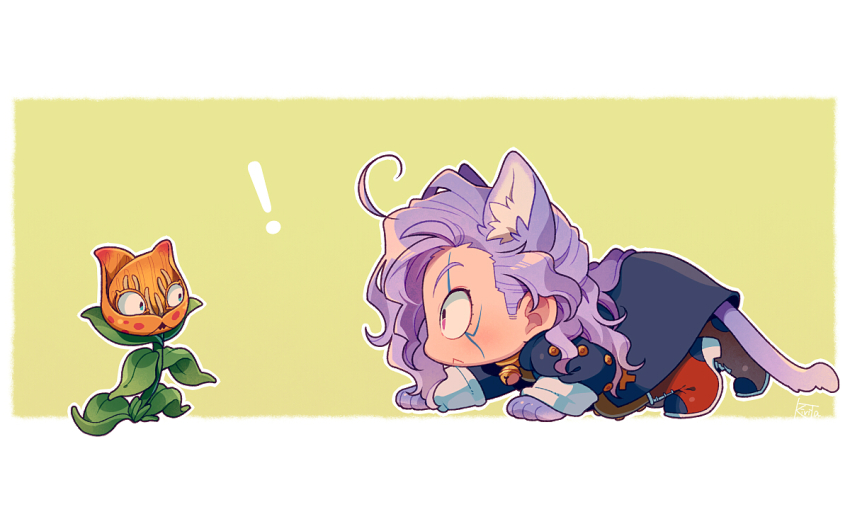 ! 1boy ahoge animal_ears bell black_coat border cat_ears cat_tail chibi chibi_only closed_mouth coat diamond_wa_kudakenai eyelashes full_body jojo_no_kimyou_na_bouken kemonomimi_mode kiri_futoshi long_hair neck_bell otoishi_akira purple_hair red_footwear stand_(jojo) stray_cat_(jojo) tail white_border