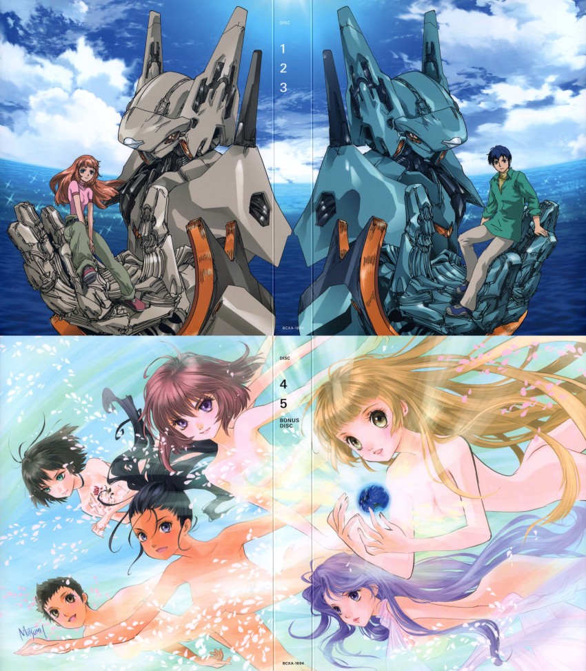 1boy 6+girls absurdres black_choker black_hair blonde_hair blu-ray_cover blue_hair blush brain_powered breasts choker cloud commentary comodo_mahama cover cover_image crease dark-skinned_female dark_skin english_commentary flying green_eyes hair_behind_ear higgins_saz highres hime_brain in_palm inomata_mutsumi isami_yu isami_yuu kanan_gimms mecha medium_breasts multiple_girls nude ocean official_art pink_scarf pink_sweater ponytail purple_eyes purple_hair quincy_issa red_eyes robot scan scarf science_fiction shiela_glass shigeta_atsushi short_hair sky small_breasts smile sweater third-party_source utsumiya_hime yuu_brain