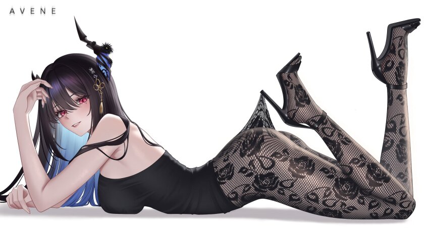 1girl ass asymmetrical_horns avene_chan black_camisole black_hair black_pantyhose blue_hair breasts camisole colored_inner_hair commentary feet_up floral_print_pantyhose flower flower_knot from_side full_body hair_ornament hashtag-only_commentary high_heels highres hololive hololive_english hooked_on_heel horn_flower horns lace_pantyhose lace_pantyhose_hooked_on_heel_(meme) large_breasts long_hair looking_at_viewer lying meme mole mole_under_eye multicolored_hair nerissa_ravencroft on_stomach pantyhose purple_eyes sideboob sidelocks simple_background slit_pupils solo tassel tassel_hair_ornament the_pose uneven_horns virtual_youtuber white_background