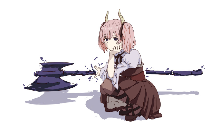 1girl absurdres axe battle_axe brown_shoes brown_skirt hand_up highres horns linie_(sousou_no_frieren) looking_at_viewer medium_hair mosu918 pink_hair shadow shoes simple_background sketch skirt sousou_no_frieren squatting weapon white_background
