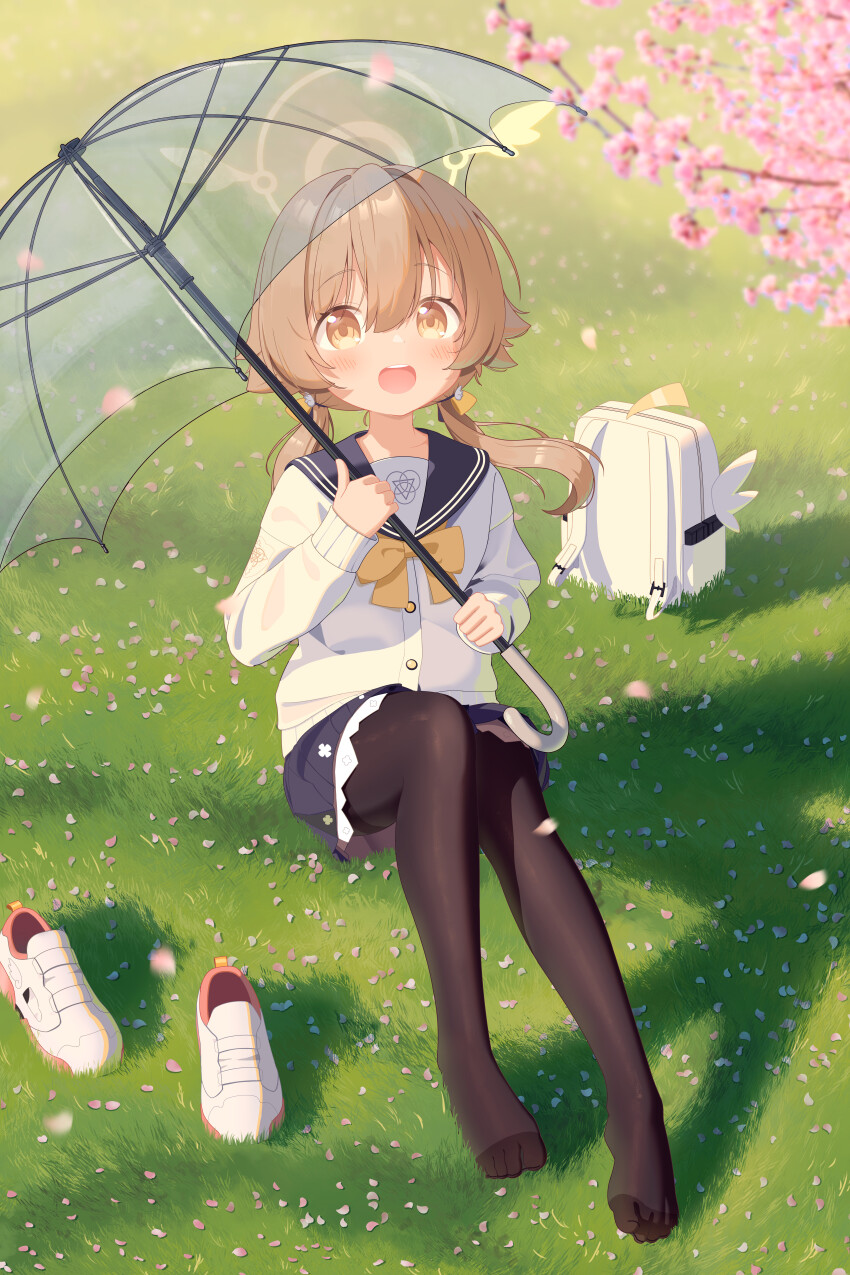 1girl absurdres bag black_pantyhose black_sailor_collar blue_archive blue_skirt blush brown_hair cardigan hair_between_eyes halo hifumi_(blue_archive) highres long_hair long_sleeves looking_at_viewer open_mouth outdoors painjuusu pantyhose pleated_skirt sailor_collar school_bag school_uniform shoes skirt smile solo umbrella white_cardigan white_shoes yellow_eyes yellow_halo