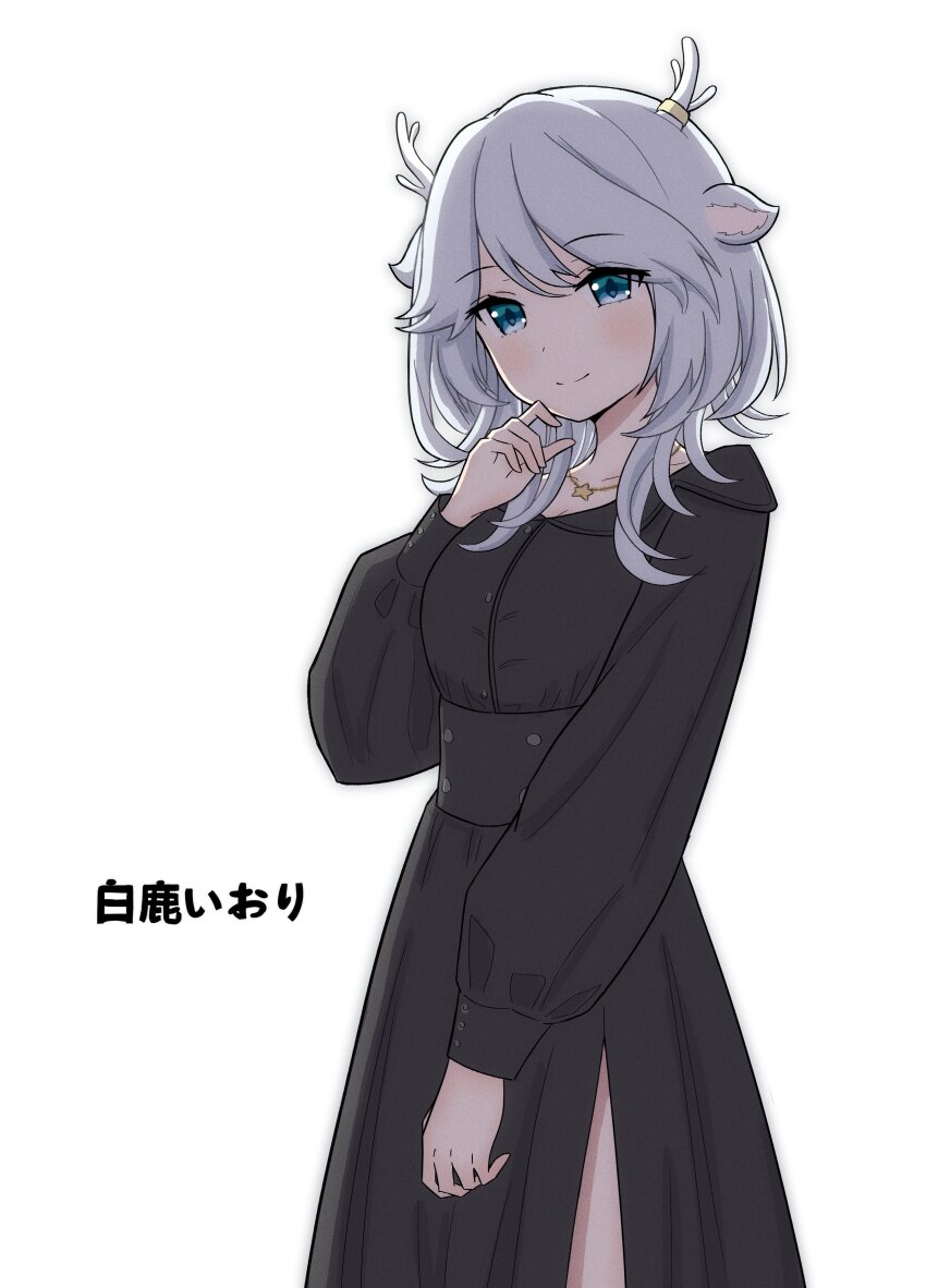 1girl absurdres animal_ears antler_ornament antlers black_dress blue_eyes buttons closed_mouth collarbone deer_antlers deer_ears deer_girl dress grey_hair hakushika_iori highres horns jewelry long_sleeves medium_hair necklace phase_connect side_slit smile solo star_(symbol) star_necklace szenae translation_request virtual_youtuber