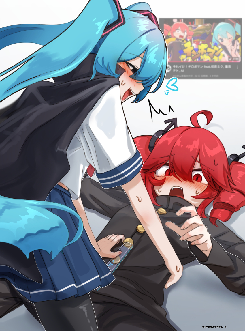 1boy 1girl absurdres black_cape black_eyes black_jacket black_pants black_pantyhose blue_hair blue_skirt blush cape drill_hair genderswap genderswap_(ftm) girl_on_top hair_between_eyes hatsune_miku highres holding_ruler jacket karasu2020_8 kasane_teto kneeling long_hair long_sleeves looking_at_another lying on_back open_mouth pants pantyhose red_eyes red_hair school_uniform serafuku sharp_teeth shirt short_sleeves skirt sweat teeth tongue tongue_out twin_drills twintails upper_teeth_only utau vocaloid white_shirt