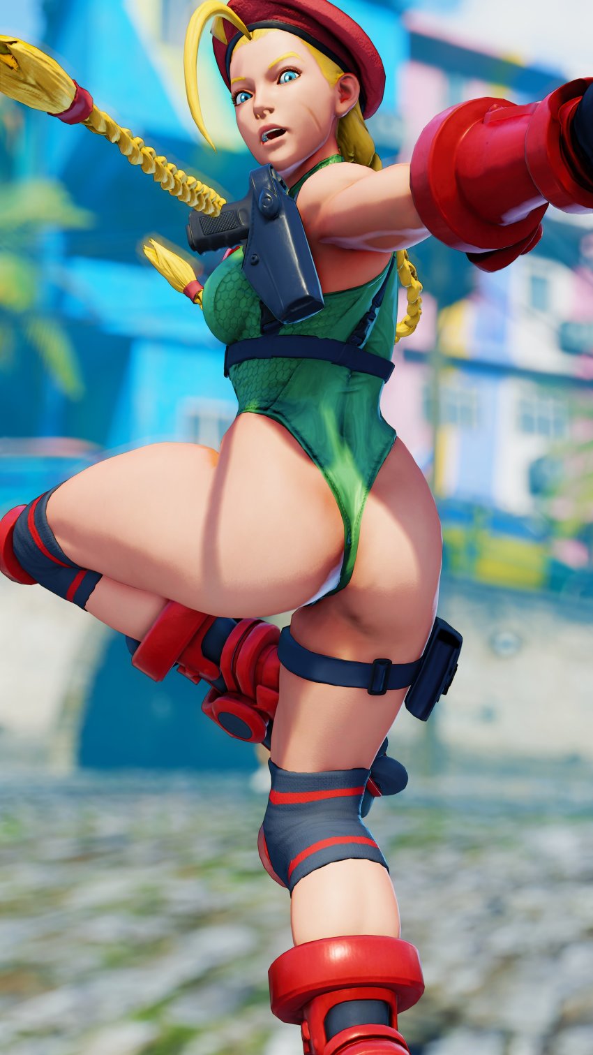 1girl 3d absurdres antenna_hair ass bare_shoulders blonde_hair blue_eyes braid breasts cammy_white clenched_hand covered_navel curvy full_body gloves green_leotard hat highleg highleg_leotard highres huge_ass jumping leg_up leotard lips long_hair looking_to_the_side medium_breasts open_mouth red_gloves red_hat ryona screencap shiny_clothes solo street_fighter street_fighter_v thighs third-party_edit thong_leotard twin_braids very_long_hair wide_hips