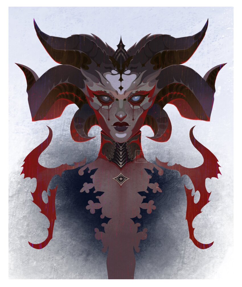 1girl black_dress black_horns black_lips black_sclera blue_eyes border center_opening closed_mouth colored_sclera curled_horns demon_girl demon_horns diablo_(series) dress expressionless extra_horns gold_collar gold_pendant heterochromia highres horns huge_horns lara_carson lilith_(diablo) long_horns looking_at_viewer neck_collar pale_skin pendant_collar simple_background solo upper_body white_background white_border white_eyes