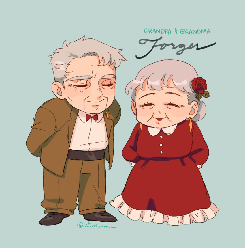 1boy 1girl aged_up arms_behind_back bow bowtie brown_jacket brown_pants closed_eyes commentary dress earrings english_commentary flower grey_hair hair_flower hair_ornament highres husband_and_wife jacket jewelry long_dress old old_man old_woman pants red_bow red_bowtie red_dress signature smile spy_x_family steohsama twilight_(spy_x_family) twitter_username wrinkled_skin yor_briar