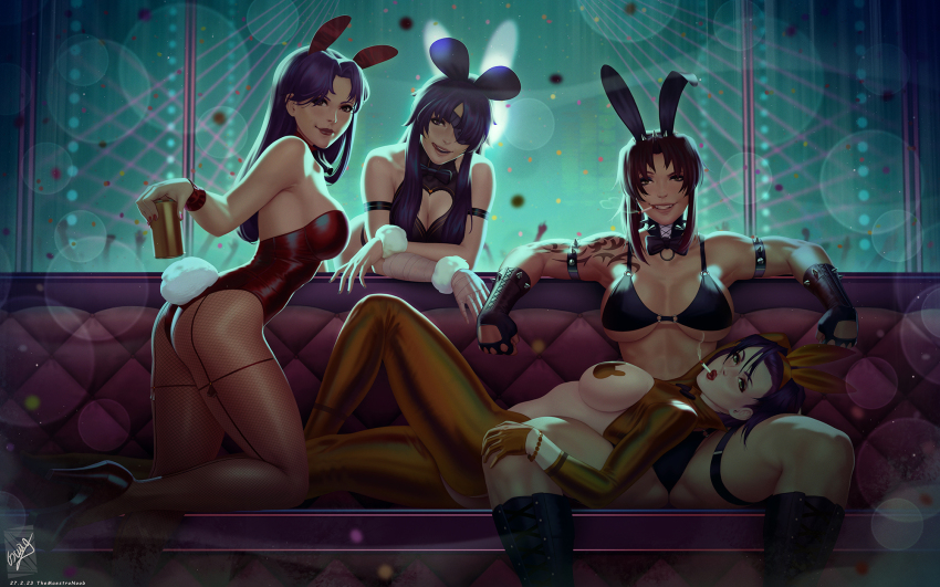 4girls animal_ears arm_tattoo bikini black_lagoon bow bowtie brown_hair cigarette cleavage_cutout clothing_cutout couch cowboy_bebop crossover detached_collar eyepatch faye_valentine fishnet_pantyhose fishnets heart_cutout highres katsuragi_misato lap_pillow leotard looking_at_viewer meme_attire mirai_nikki multiple_crossover multiple_girls muscular muscular_female neon_genesis_evangelion nontraditional_playboy_bunny pantyhose pasties playboy_bunny playboy_bunny_bikini purple_hair rabbit_ears rabbit_pasties rabbit_tail reverse_bunnysuit reverse_outfit revy_(black_lagoon) smoking swimsuit tail tattoo themaestronoob uryuu_minene