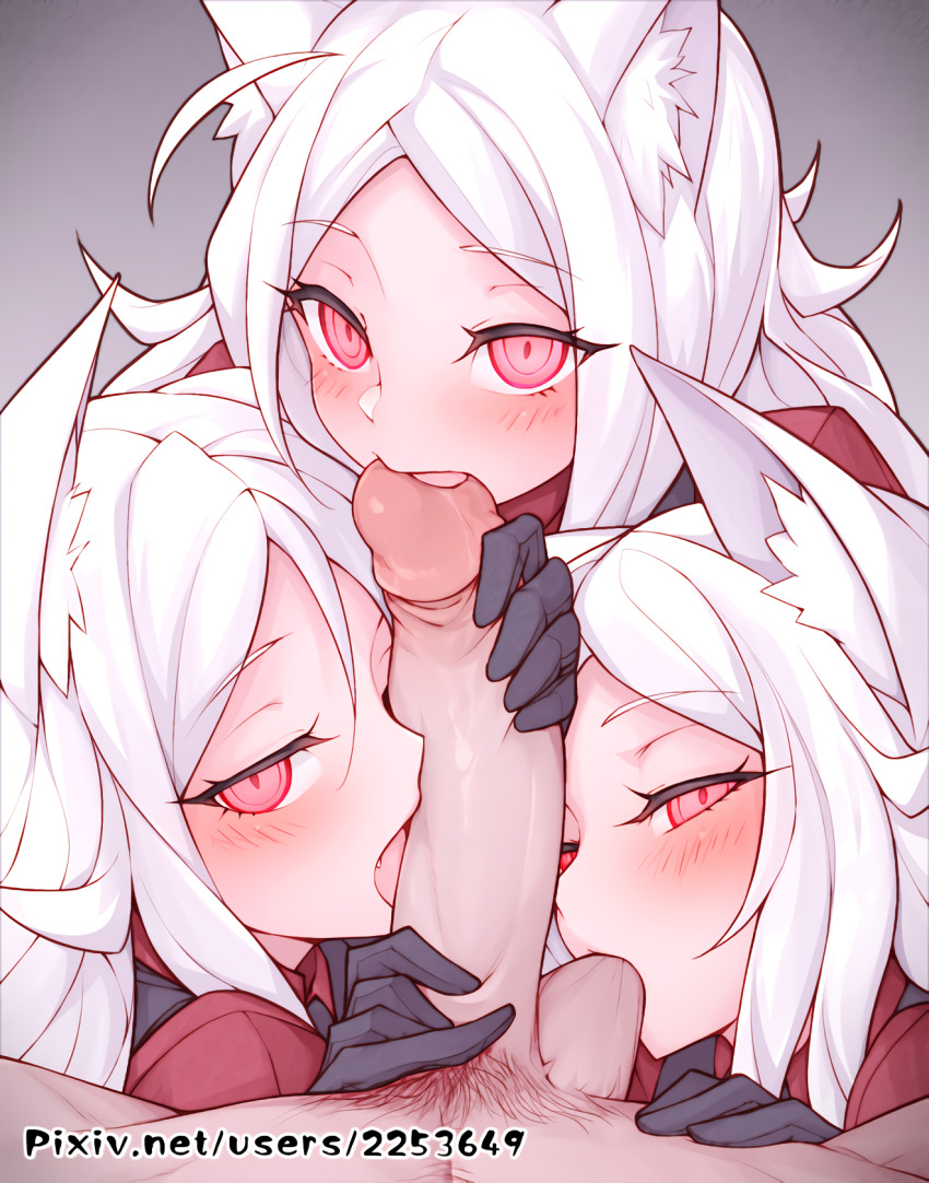 1boy 3girls animal_ear_fluff animal_ears black_gloves blush cerberus_(helltaker) collared_shirt cooperative_fellatio demon_girl demon_tail dog_ears dog_girl erection fellatio gloves grey_background helltaker hetero highres interspecies large_penis licking licking_penis licking_testicle looking_at_viewer multiple_girls open_mouth oral penis pov red_eyes red_shirt shimaidon_(sex) shirt siblings simple_background sisters tail teamwork_(sexual) testicle_sucking testicles tongue tongue_out triplets uncensored waero white_hair