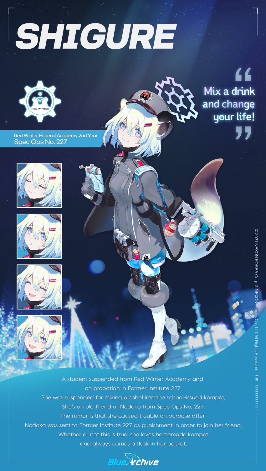 1girl absurdres ammunition_pouch animal_ears blue_archive boots bottle breasts capelet character_name coat crossed_bangs english_text epaulettes multiple_expressions full_body fur-trimmed_boots fur-trimmed_coat fur_hat fur_trim gloves gradient_eyes green_eyes grenade_launcher grey_coat grey_gloves grey_headwear grey_jacket hair_ornament hairclip halo hat high_heel_boots high_heels highres hip_flask holding holding_bottle jacket knee_guards knee_pads light_green_hair looking_at_viewer mimitoke multicolored_eyes official_art pantyhose pink_eyes pouch revolver_grenade_launcher rg-6 shigure_(blue_archive) small_breasts smile tail ushanka weapon weasel_ears weasel_girl weasel_tail white_footwear white_hair