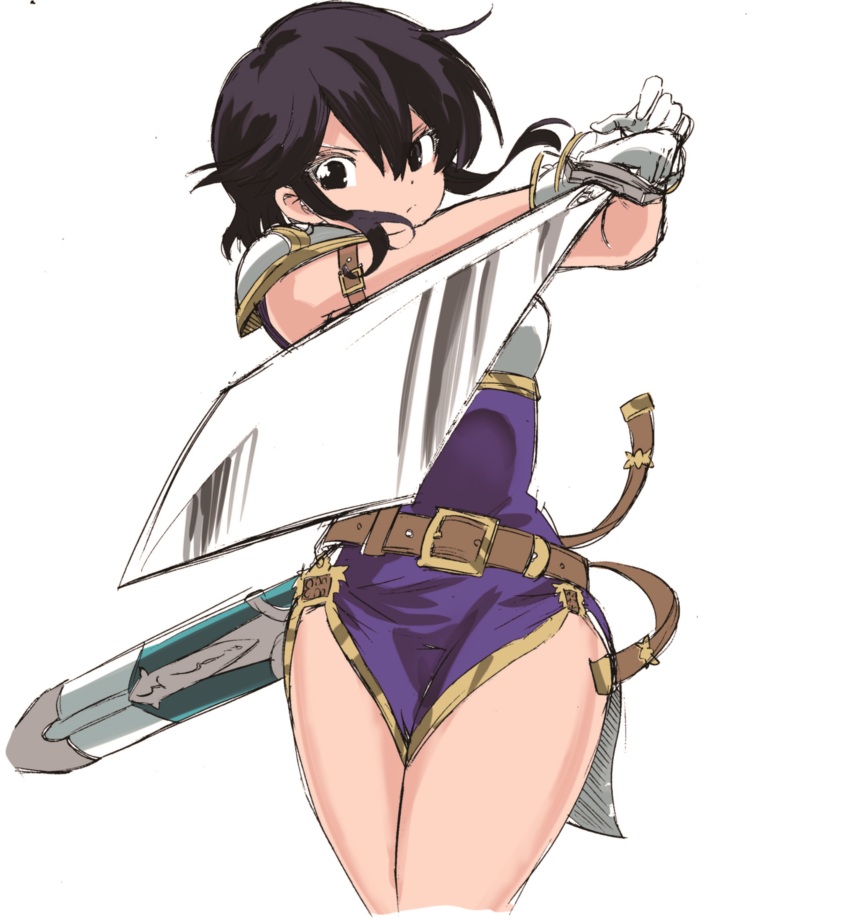 1girl absurdres armor belt black_hair fire_emblem fire_emblem:_genealogy_of_the_holy_war foreshortening gloves hahe highres holding holding_sword holding_weapon larcei_(fire_emblem) looking_at_viewer nintendo purple_tunic sheath shoulder_armor sidelocks simple_background solo sword tomboy tunic weapon
