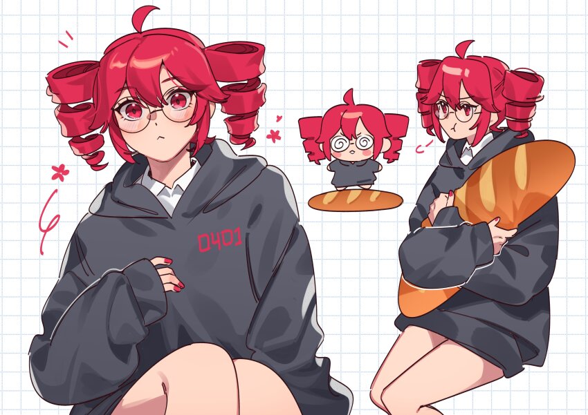 1girl :t absurdres alternate_costume baguette black_sweater blush bread closed_mouth coke-bottle_glasses collared_shirt drill_hair fingernails food food-themed_pillow glasses grimruu hair_between_eyes highres kasane_teto long_sleeves looking_at_viewer multiple_views pout red_eyes red_hair red_nails round_eyewear shirt shirt_under_sweater sitting sleeves_past_wrists smile sweater twin_drills utau white_background wing_collar