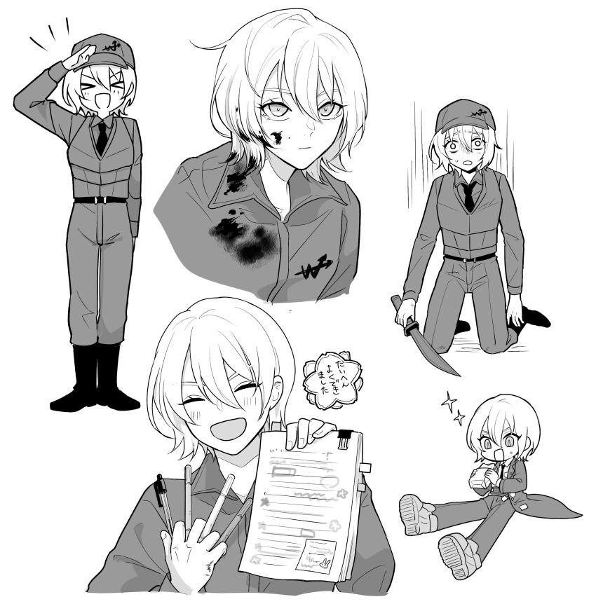 1girl absurdres arm_up blood blood_on_clothes closed_eyes collared_shirt don_quixote_(project_moon) greyscale hanamaru happy highres holding holding_pen lcwy4149 limbus_company monochrome multiple_views necktie open_mouth pen project_moon salute shirt short_hair smile vest