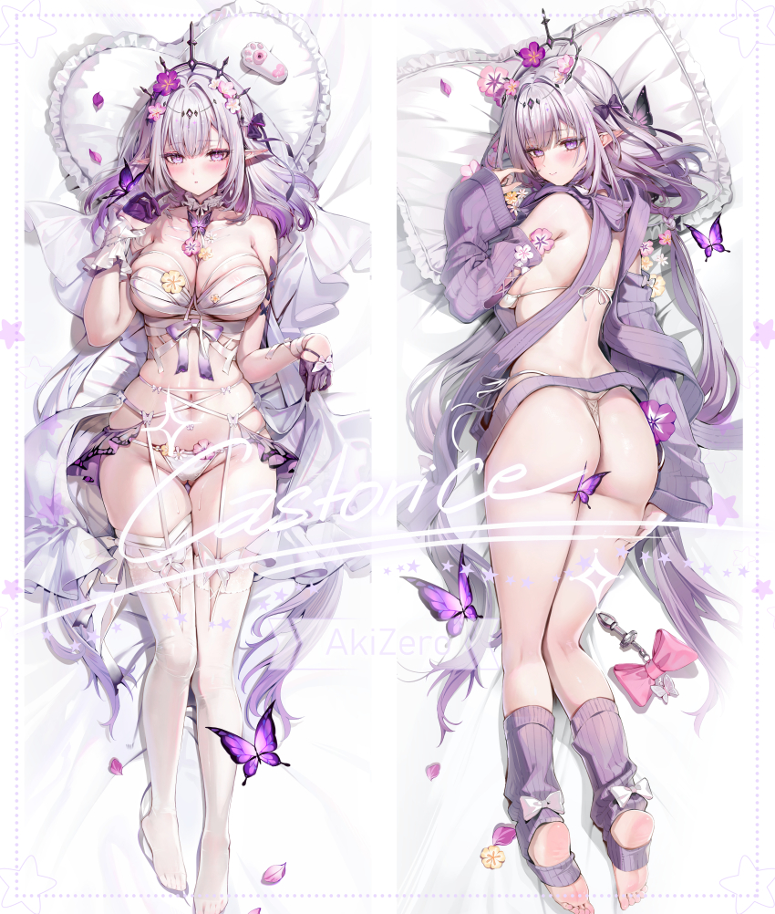 1girl absurdres adapted_costume akizero1510 armpit_crease ass back bare_shoulders bed black_tiara blush bow bra breasts bug butterfly castorice_(honkai:_star_rail) character_name closed_mouth convenient_censoring dakimakura_(medium) detached_sleeves flower from_above from_behind garter_straps gloves gluteal_fold groin hair_bow hair_flower hair_ornament half_gloves hand_up head_on_pillow heart heart-shaped_pillow highres honkai:_star_rail honkai_(series) insect large_breasts long_hair long_sleeves looking_at_viewer looking_back lying median_furrow meme_attire multiple_views navel no_shoes on_back on_bed on_stomach paid_reward_available panties parted_lips pillow pink_flower pointy_ears purple_bow purple_butterfly purple_eyes purple_gloves purple_hair purple_petals purple_socks purple_sweater showgirl_skirt side-tie_panties sidelocks skirt smile socks stirrup_legwear stomach sweater thighhighs thighs tiara toeless_legwear underwear very_long_hair virgin_killer_sweater white_bra white_garter_straps white_panties white_skirt white_thighhighs