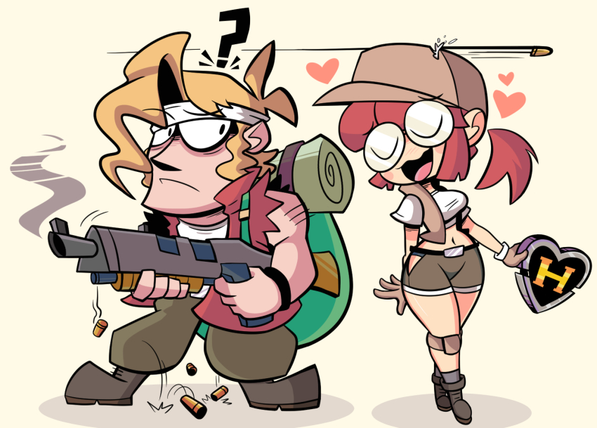 1boy 1girl ? blonde_hair brown_hair bullet chibi crop_top fio_germi glasses gun heart jacket kevin_arthur marco_rossi medium_hair metal_slug ponytail short short_hair short_sleeves weapon