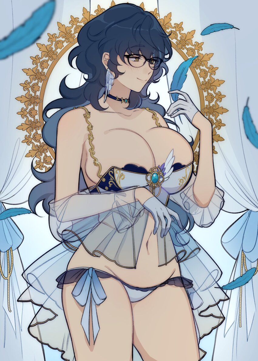 1girl absurdres alternate_costume aoba_tsumugi blue_feathers blue_hair blush breasts closed_mouth earrings ensemble_stars! feather_earrings feathers genderswap genderswap_(mtf) glasses gloves green_eyes highres jewelry large_breasts long_hair looking_at_object lummy_yummy mirror panties shirt sketch smile solo underwear wavy_hair white_curtains white_gloves white_panties white_shirt