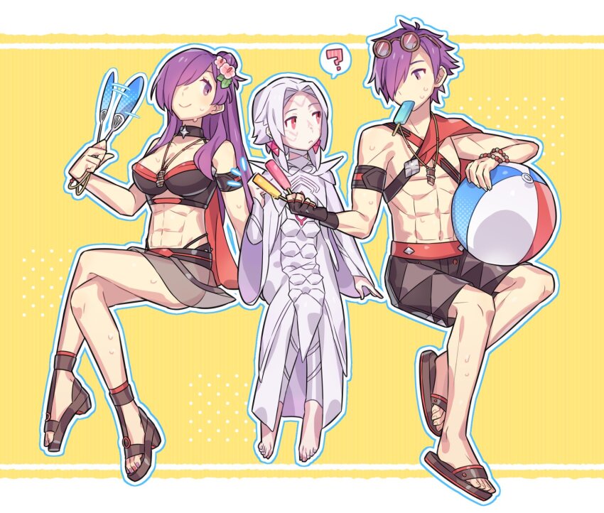 1boy 1girl 1other ? abs armband arval_(fire_emblem) ball barefoot beachball bikini black_bikini black_choker black_male_swimwear black_swim_trunks breasts choker cleavage fanning_self female_shez_(fire_emblem) female_shez_(summer)_(fire_emblem) fire_emblem fire_emblem:_three_houses fire_emblem_heroes fire_emblem_warriors:_three_hopes flip-flops flower food food_in_mouth grey_hair haconeri hair_flower hair_ornament hair_over_one_eye hand_fan hibiscus highres invisible_chair large_breasts looking_at_another male_shez_(fire_emblem) male_shez_(summer)_(fire_emblem) male_swimwear medium_breasts muscular muscular_female muscular_male nintendo official_alternate_costume pale_skin popsicle popsicle_in_mouth purple_hair red_trim sandals sitting spoken_question_mark stomach swim_trunks swimsuit