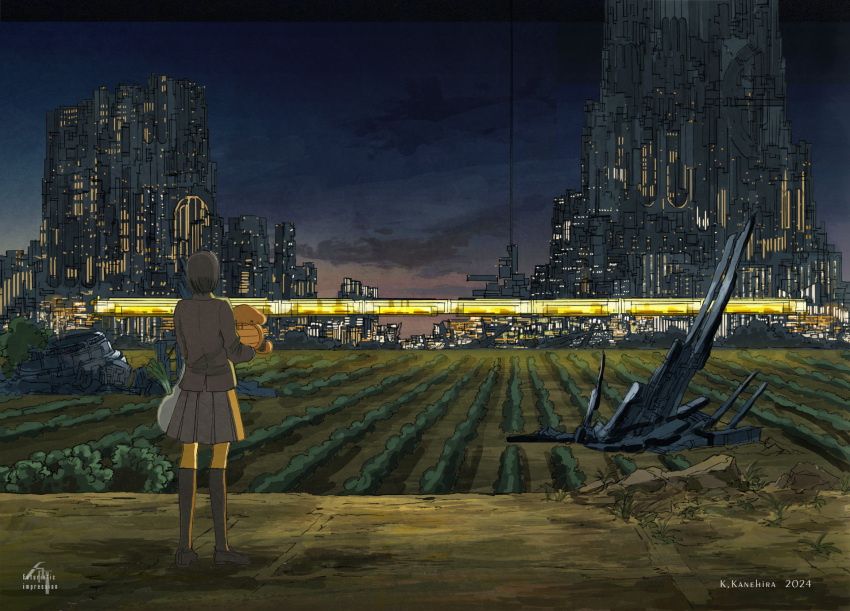 1girl aircraft artist_name bag black_hair building city city_lights cityscape dated from_behind highres jacket k_kanehira kneehighs night night_sky original outdoors scenery school_uniform science_fiction short_hair signature skirt sky skyline skyscraper socks solo spring_onion standing tsuchinoko