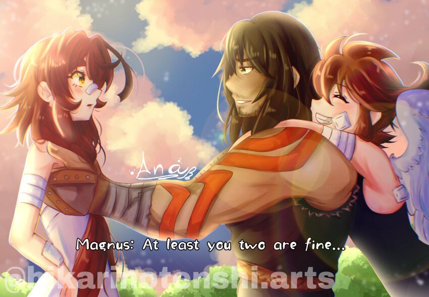bandages bandaid beard_stubble black_hair brown_hair dark_skin english_text facial_hair grin highres hikarinotenshi.arts hug kid_icarus kid_icarus_uprising lifting_person long_hair magnus_(kid_icarus) nintendo open_mouth pit_(kid_icarus) smile stubble tattoo undershirt yellow_eyes