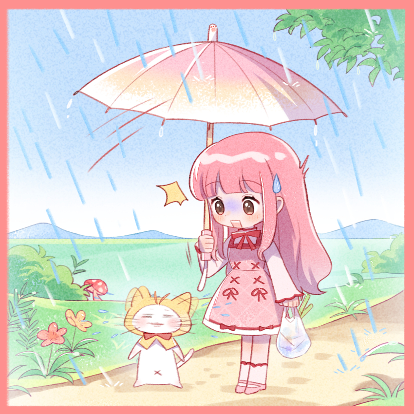 1girl =_= ^^^ ahoge animal ankle_socks argyle_clothes argyle_dress artist_request bag blue_sky border bow bowtie brown_eyes bush cat chibi chinese_commentary cloak clothed_animal commentary_request cross-laced_clothes cross-laced_dress day dot_nose dress dress_bow dress_ribbon ear_covers eyelashes flower frilled_sleeves frills grass groceries grocery_bag highres holding holding_bag holding_umbrella hood hood_up hooded_cloak light_blush long_hair long_sleeves looking_at_animal mary_janes medium_dress momo_(nikki) mountainous_horizon navel nikki_(nikki) nikki_(series) official_art open_mouth outdoors path pinafore_dress pink_border pink_dress pink_flower pink_hair pink_shoes pink_umbrella rain red_bow red_bowtie red_ribbon ribbon road scared second-party_source shining_nikki shirt shoes shopping_bag sidelocks sky sleeveless sleeveless_dress sleeves_past_wrists socks spring_onion standing tareme teeth traditional_bowtie tree turn_pale turtleneck turtleneck_shirt umbrella upper_teeth_only very_long_hair water_drop wavy_hair wet whiskers white_cat white_shirt white_socks yellow_cloak yellow_flower